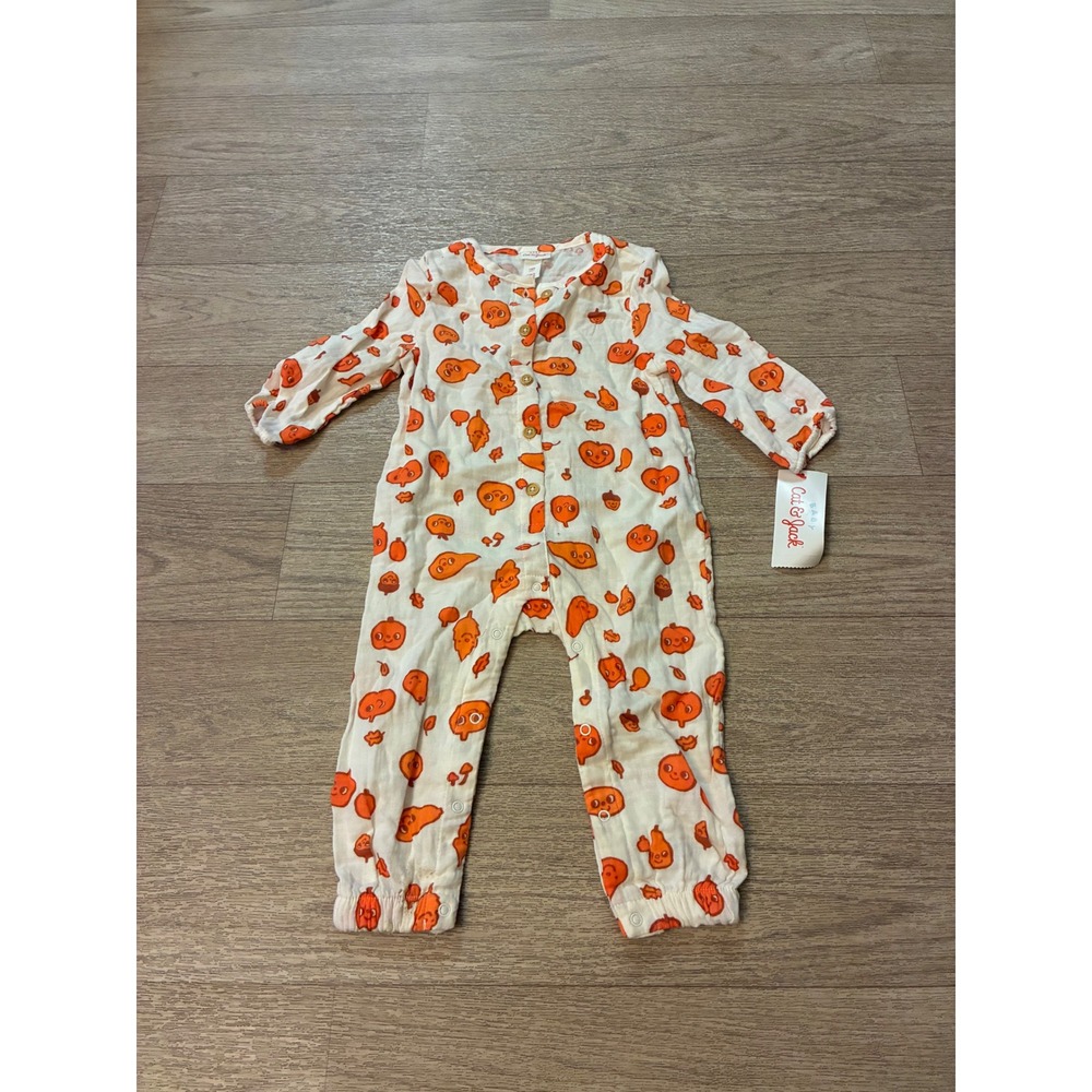 Cat & Jack Baby Pumpkin Muslin Romper Orange Cream Halloween Fall 12M NWT